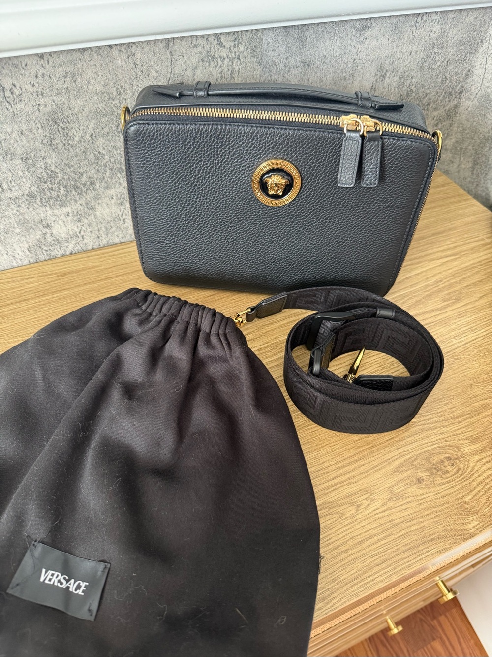 Versace Black Pebbled Leather Crossbody with Gold Medusa Emblem